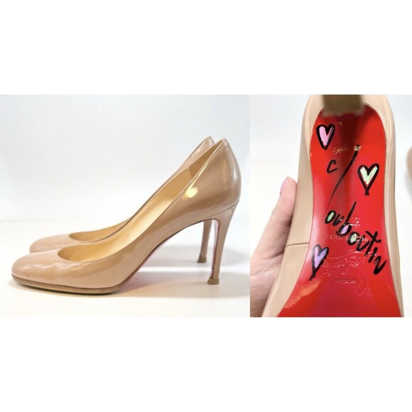 Christian Louboutin 85mm Pumps Beige Patent Leather SIGNED BY LOUBOUTIN Sz 37.5 - Picture 1 of 15